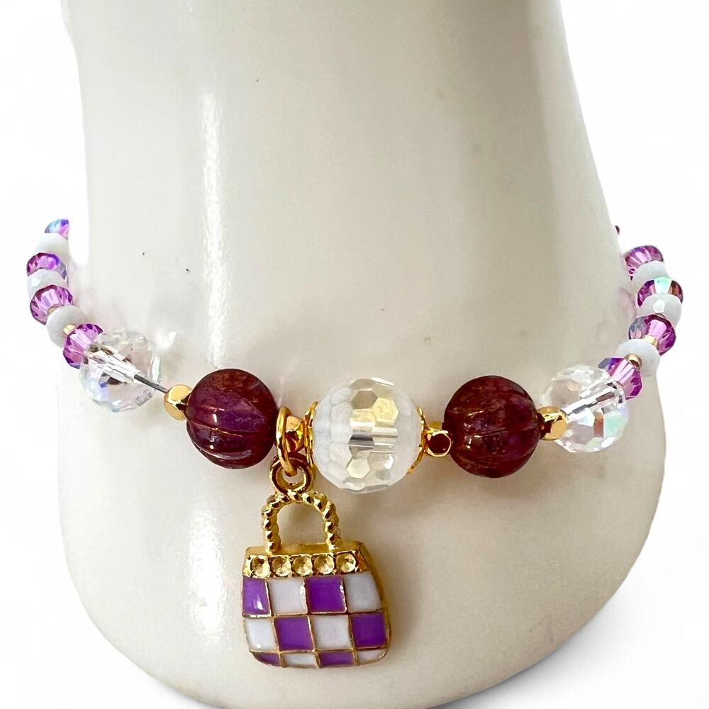 Sparkling Crystal Bracelet Handbag Charm Lavender & White 8.5" Glam Reseller Bag